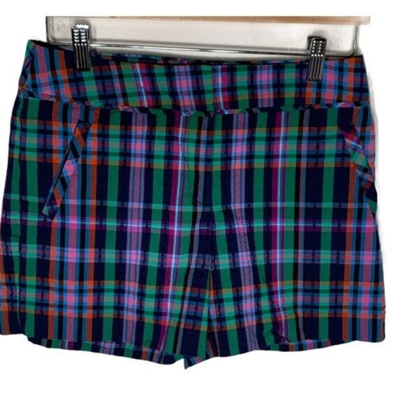 Anne Klein Plaid Chino Shorts Size 4 Navy Pink Preppy Summer Casual - Picture 1 of 6